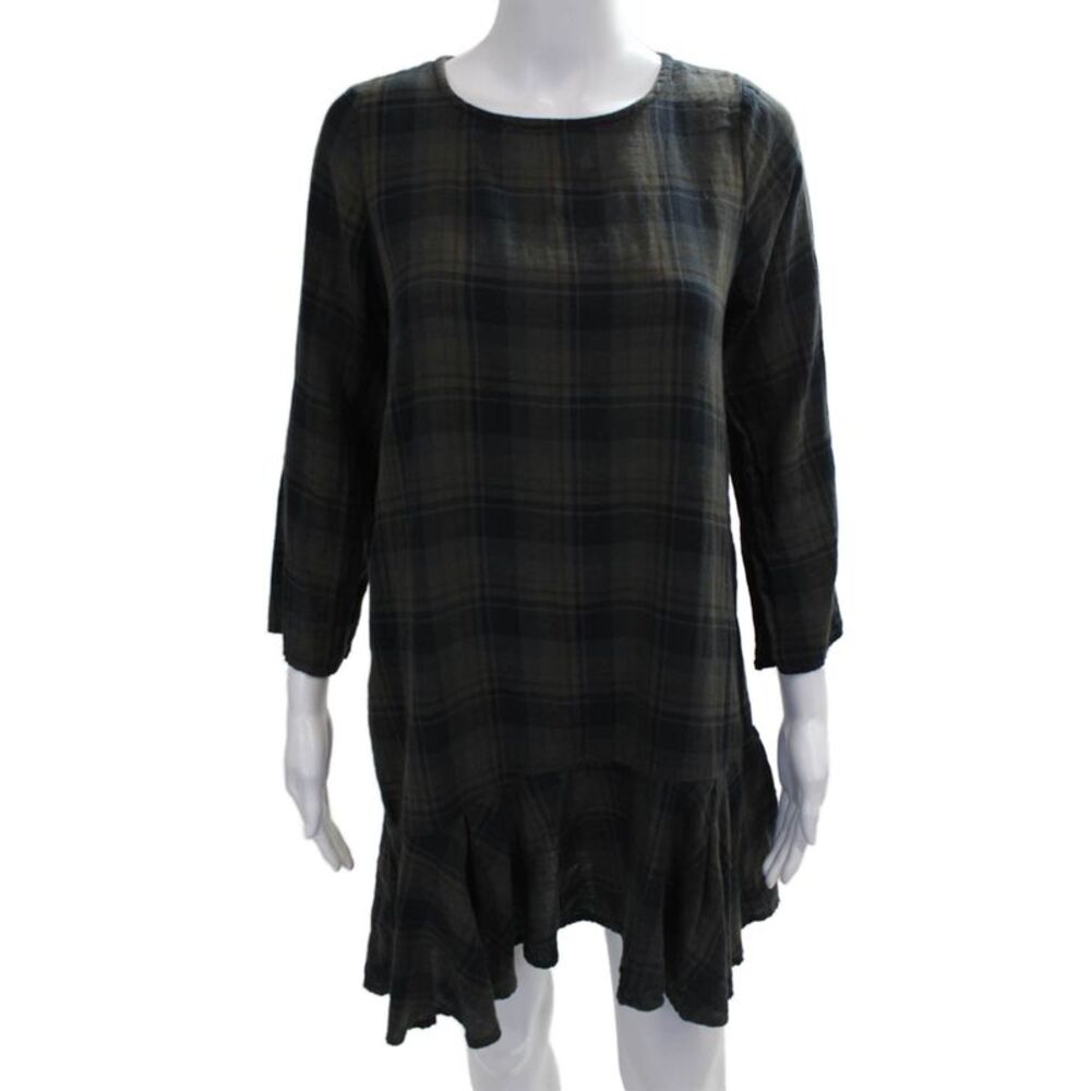 Free People x CP Shades Womens Plaid Shift Dress Green 3/4 Slv Button Size S